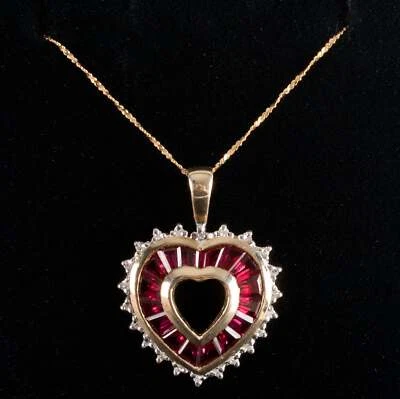 14k Yellow White Gold Lab-Created Ruby Diamond Heart Necklace 1.005ctw 3.9g - Image 1 of 4