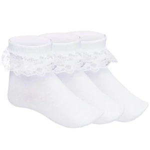 3 Pairs Girls Ruffle Socks White Lace Toddler Frilly Dress Socks - Picture 1 of 7