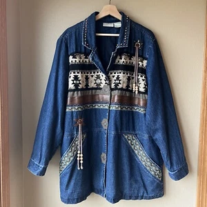 VTG 220 Hickory Western Rancher Denim Jacket Chore Coat Aztec Women's XL *Read - Picture 1 of 20