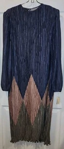 NOS Vtg 80s Pierre Labiche Pleated Plisse Slate/Mauve/Taupe Geometric Dress -12 - Picture 1 of 8