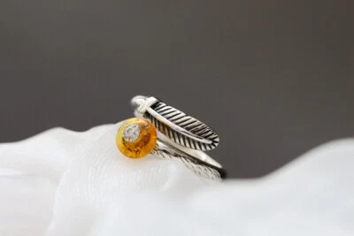 D10 Anello Piuma Con Ambra 925 Argento Sterling - Immagine 1 di 4
