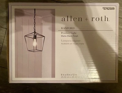 NEW in Box Allen + Roth Pendant Light Black Matte Finish 8x8x12in. - Image 1 of 3