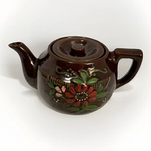 Tetera individual Hadson Redware Lusterware iridiscente Japón flores marrones vintage - Imagen 1 de 12