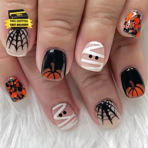 24Pcs Halloween Press on Nails Spider Web Fake Nails with Cute White Ghost Pumpk - Picture 1 of 7