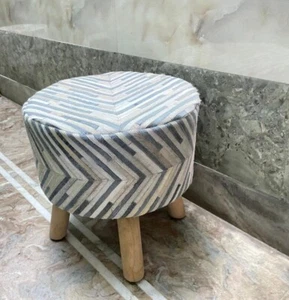 18"Round Pouf Ottoman Tufted Poufs Genuine Cowhide Patchwork Leather Upholstered - Picture 1 of 6