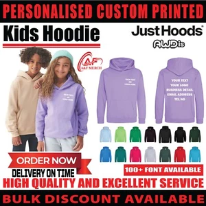 Personalised Custom AWDis Just Hoods Kids Plain Hoodie Pullover Unisex JH01J - Picture 1 of 32