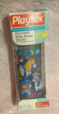 🧸PLAYTEX ORIGINAL DECORATED Drop-In NURSER Bottle Holder VintageFLAT TOP NIPPLE - Image 1 of 4