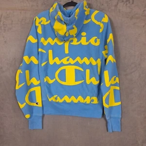 Champion Reverse Weave Hoodie Herren Small blau gelb Logo Allover Print - Bild 1 von 7