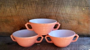 3 VTG 1940 Moderntone Hazel Atlas Pink Platonite White Glass 2 Handles Soup Cup - Picture 1 of 12