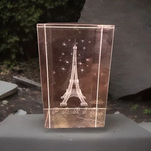 Etched Eiffel Tower Crystal Cube Desk Paper Weight Photos Don’t Do It Justice - Picture 1 of 6