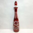 Egerman Ruby Red Czech Bohemian Cut-to-Clear Etched Castle Decanter Genie Bottle