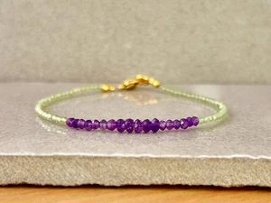 Purple Amethyst & Peridot 2 Gemstone Beaded Crown & Heart Chakra Bracelets 6-8" - Picture 1 of 9