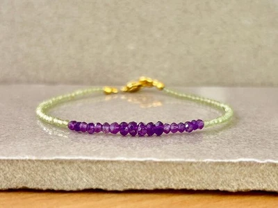 Purple Amethyst & Peridot 2 Gemstone Beaded Crown & Heart Chakra Bracelets 6-8" - Image 1 of 4