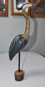 Vintage Great Blue Heron Bird Figurine – Hand Carved & Painted Wood 17.25" - Picture 1 of 5