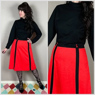 Vintage 1970s Red and Black Colorblock Long Sleeve Dress | 30" Waist - Image 1 of 4