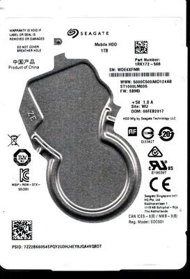 ST1000LM035 P/N: 1RK172-568 F/W: SBM3 S/N: WDE6 WU 1TB FEB 2017 CHINA SEAGATE - Image 1 of 2
