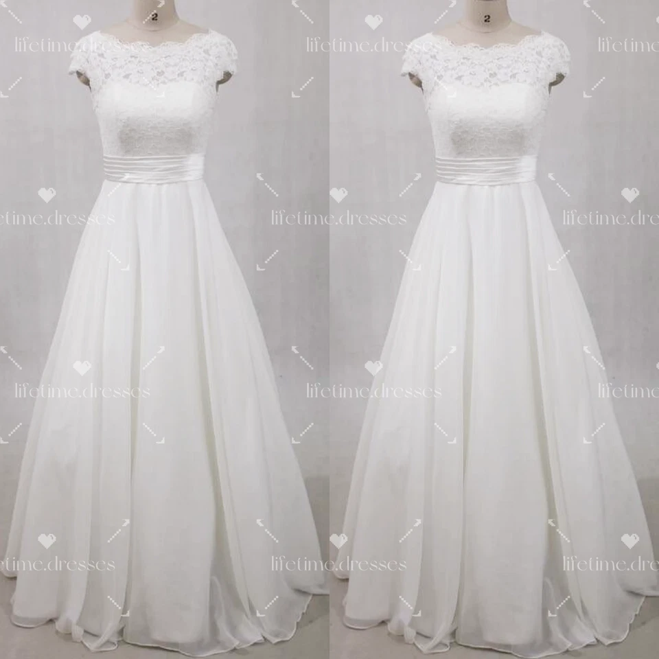 Vestidos de novia vintage línea A de gasa mangas cortas años 70 de encaje Foto 1 de 4