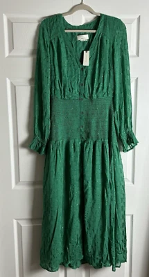 NUEVO Vestido Para Mujer By Anthropologie Pequeño Verde Metálico Calado Maxi Abotonado Foto 1 de 4