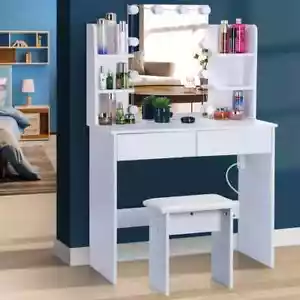 Schminktisch mit LED Spiegel Modern Schmink Schreibtisch Kosmetiktisch Set + Hocker Weiß - Bild 1 von 9