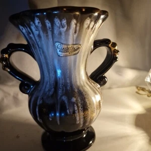 CARSTEN West Germany 50's GOLD Drip glaze 2 Handle Vase Original Sticker V RARE - Picture 1 of 10