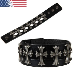 Men's Punk Wide Genuine Leather Cross Spike Rivet Cuff Wristband Bracelet Bangle - Picture 1 of 7