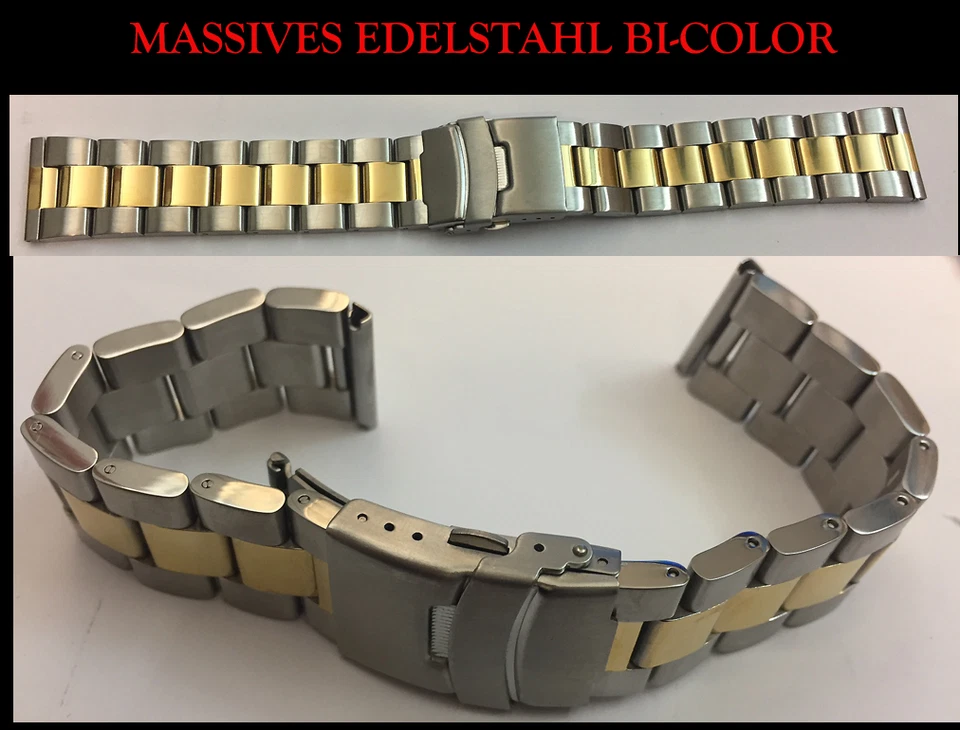 Acciaio Inox Cinturino Orologio Massiccio 18 E 24mm Bicolore Oro-Argento F.Alta - Immagine 1 di 1