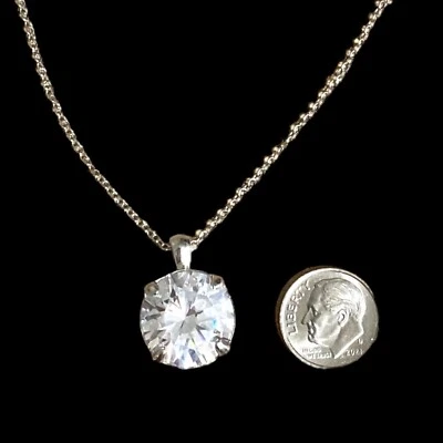 Clear Solitaire Rhinestone Pendant Necklace Silver Tone Chain Classic Elegant - Image 1 of 4