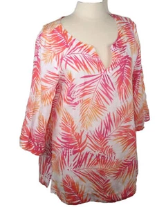 J.Jill Womens L Tunic 100% Linen Tropical Print 3/4 Sleeve Orange Pink Beach - Picture 1 of 8