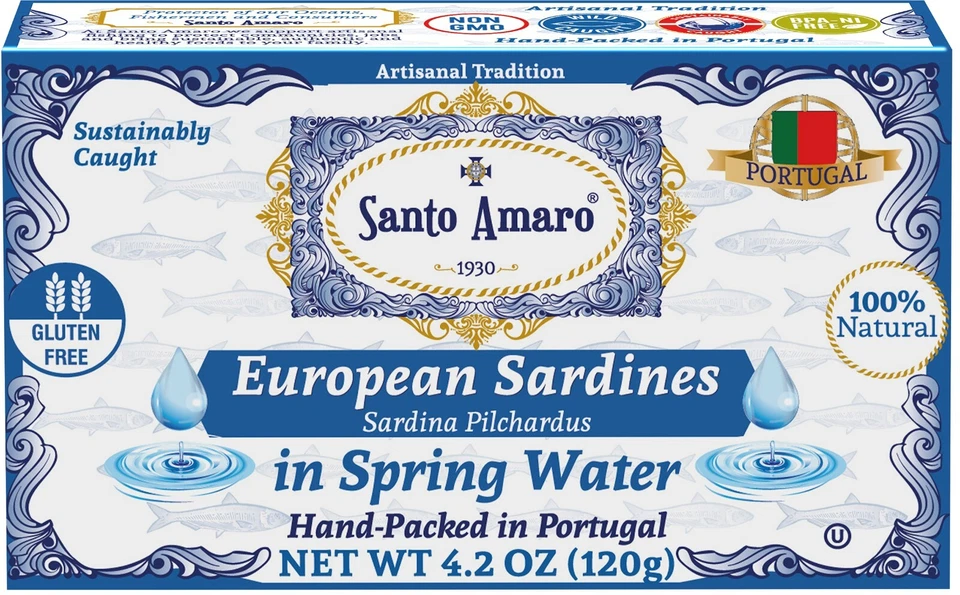 12 Pk Santo Amaro European Wild Sardines in Spring Water Pristine! 100% Natural - Image 1 of 4