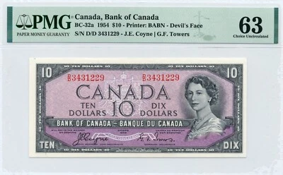 1954 $10 DEVIL'S FACE Bank of Canada, BC-32a - Choice Uncirculated, PMG UNC63 - Image 1 of 2
