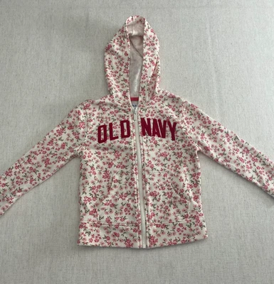 Old Navy Hoodie Girls 4T White Pink Floral Print Full Zip Long Sleeve Pockets - Image 1 of 4