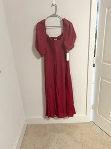 Reformation Size 3X Meadow Midi Dress Side Slit Smocked Puff Sleeve Rhubarb New - Picture 1 of 12