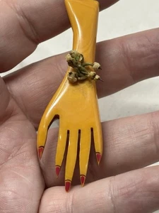 Vintage Butterscotch Bakelit Hand Brosche geschnitzt bemalt Nägel Blume Corsage - Bild 1 von 6