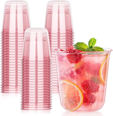 50 Pcs Pink Plastic Cups, 12Oz Disposable Stemless Wine Glasses for Cocktail Cut - Image 1 of 4