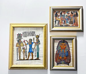 VTG 3 Egyptian Hand Painted Papyrus Signed Framed Art 10 x 12, 9 x 7, 7 x 9 - Picture 1 of 18