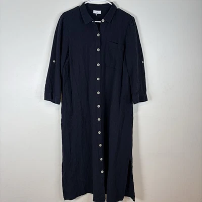 J. Jill Cotton Gauze Midi Shirt Dress Black Button-Down Large - Image 1 of 4