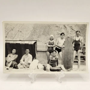 Vintage 1940s Mexican Family Portrait At Beach w Surfboard Photo Black and White - Picture 1 of 2