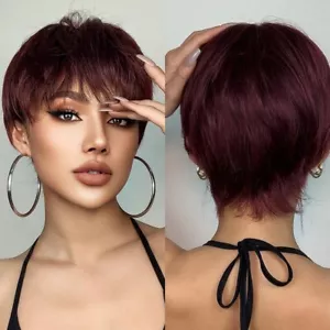 Layered Natural Curly Short Henna Wine Wigs with Bangs Women Hair Daily Party US - Picture 1 of 12