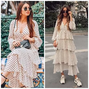 Zara cremebeige Tupfen abgestufte Rüsche Langarm Midi Maxikleid Größe M 12 - Bild 1 von 8