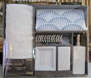 Allen + Roth 17 Piece Bath Set Patterned Shower Curtain Hooks Rug Soap Dish Etc. - Picture 1 of 10