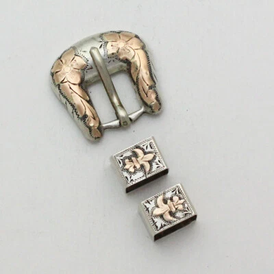 Vintage RMS Mexico 10K Rose Gold & Sterling Silver 3 Piece Buckle Ranger Set - Image 1 of 4