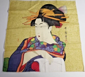 Pañuelo Kitagawa Utamaro Japón Woodblock Hankie Boho Vintage MCM - Imagen 1 de 4