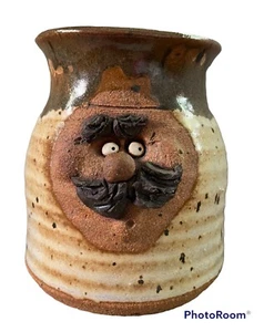 Ugly Funny Face Coffee Mug Mustache Stoneware Pottery Glazed Signed 3D Handmade - Picture 1 of 6