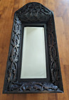 Dark Hand Carved Wooden Frame & Mirror 17x8" Exterior 10.5x4.25" Glass