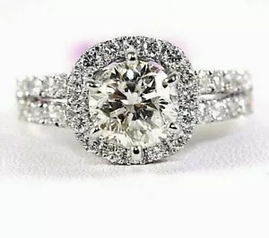 Natural Round Diamond Solitaire Halo Lady's Ring 14k White Gold 2.95Ct - Picture 1 of 8