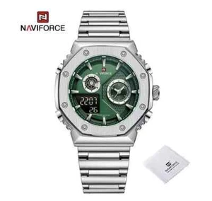 Naviforce Sport 45mm Quartz + Digital Date Watch 30m SILVER GREEN Dial - Picture 1 of 15