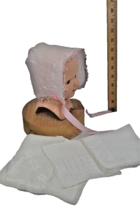antique  baby hat doll infant hand made plus 3 white lace handkerchiefs lot 1900 - Picture 1 of 7