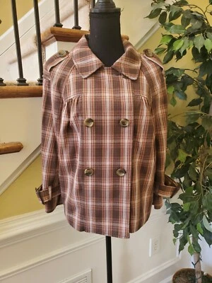 Liz Claiborne Brown Plaid Woven Double-Breasted Crop 3/4 Sleeve Jacket  Small M - Image 1 of 4