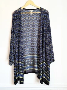 Catherines Womens Long Cardigan SZ 4X Blue Geometric Mid Length Artsy Semi Sheer - Picture 1 of 8