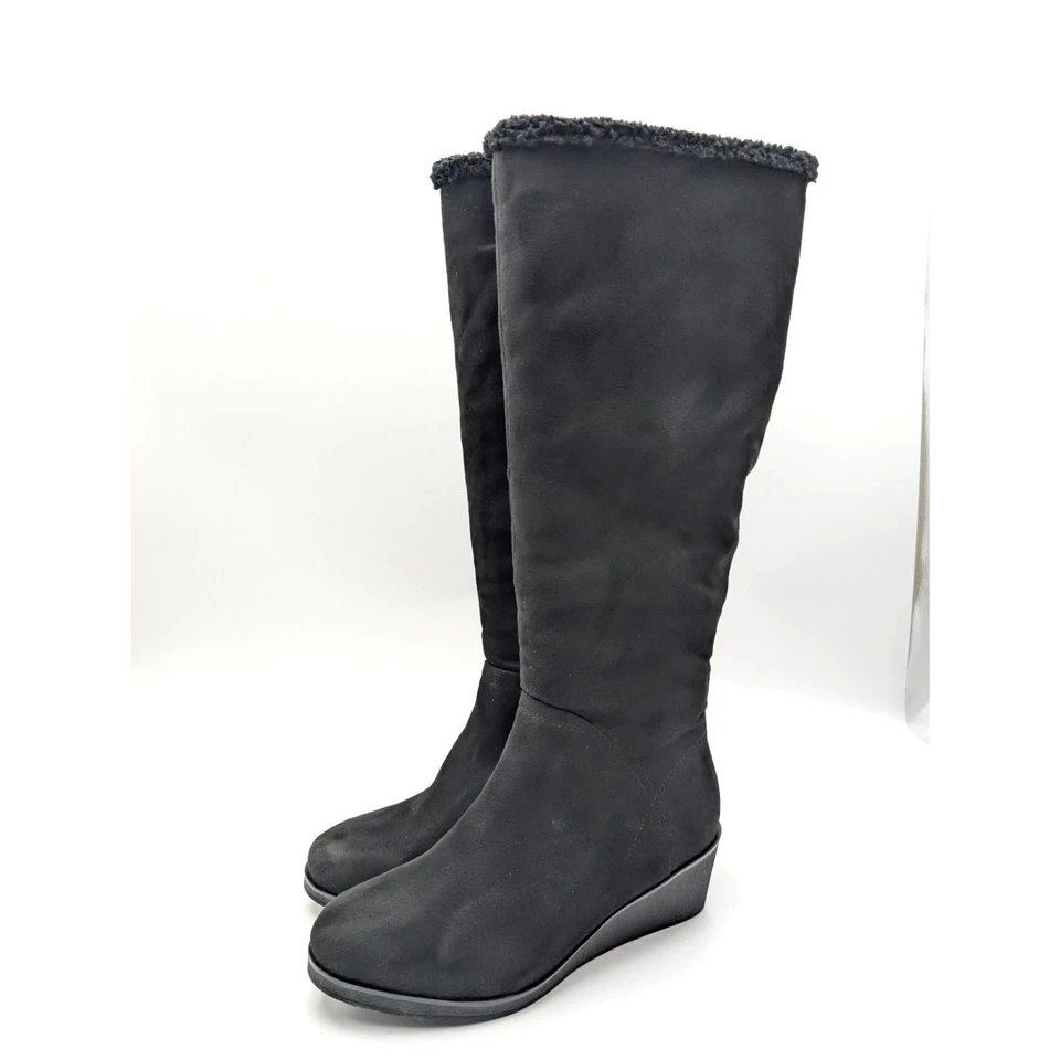 Botas de cuña altas binoculares de piel de oveja aerosoles negras gamuza talla US9.5 EU40 Foto 1 de 4